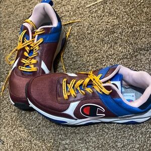 Champion Burgundy and Blue Sneakers with Yellow Laces. Closet clean out